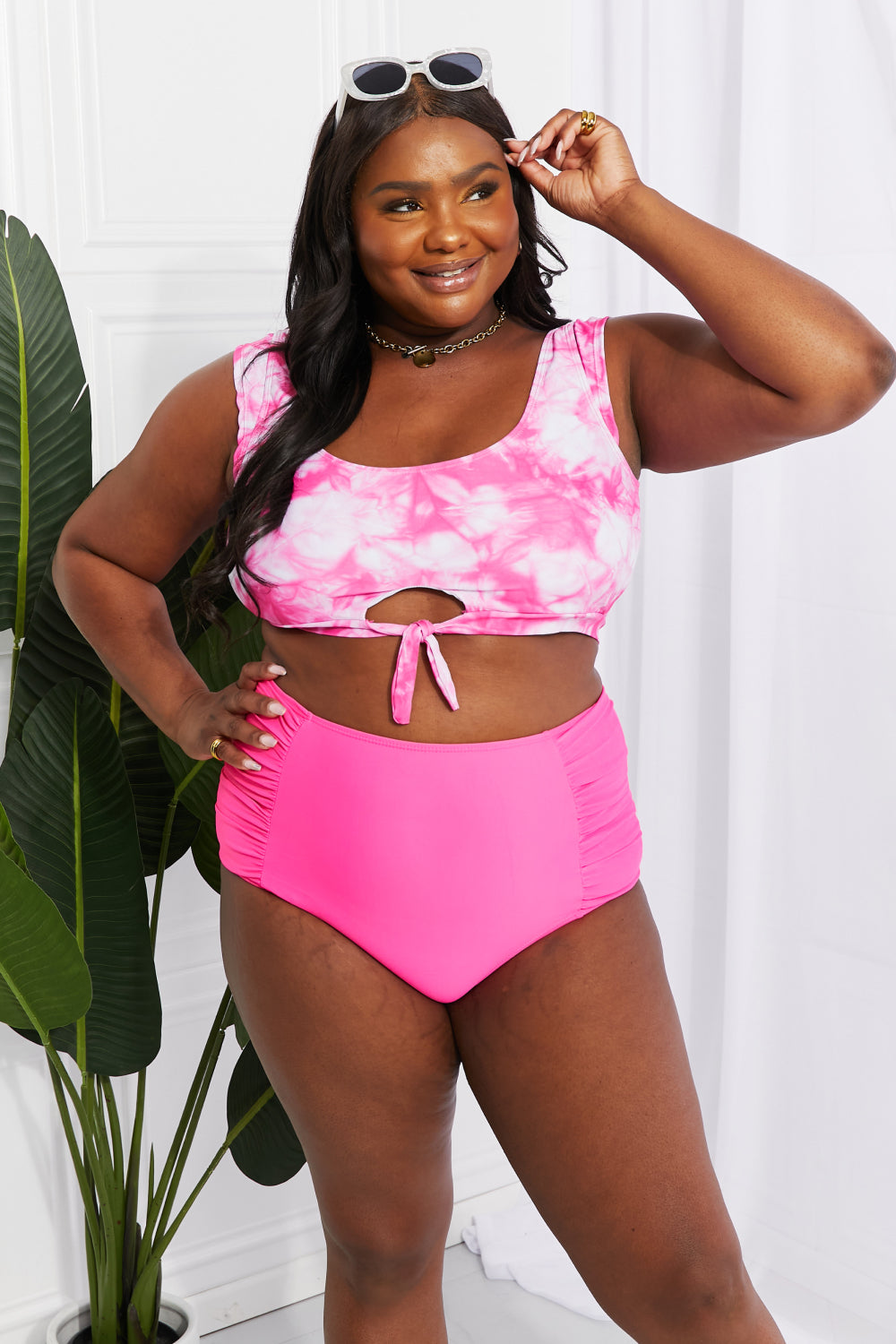 Marina West Swim Sanibel Crop Swim Top and Ruched Bottoms Set in Pink - SHIRLYN.CO