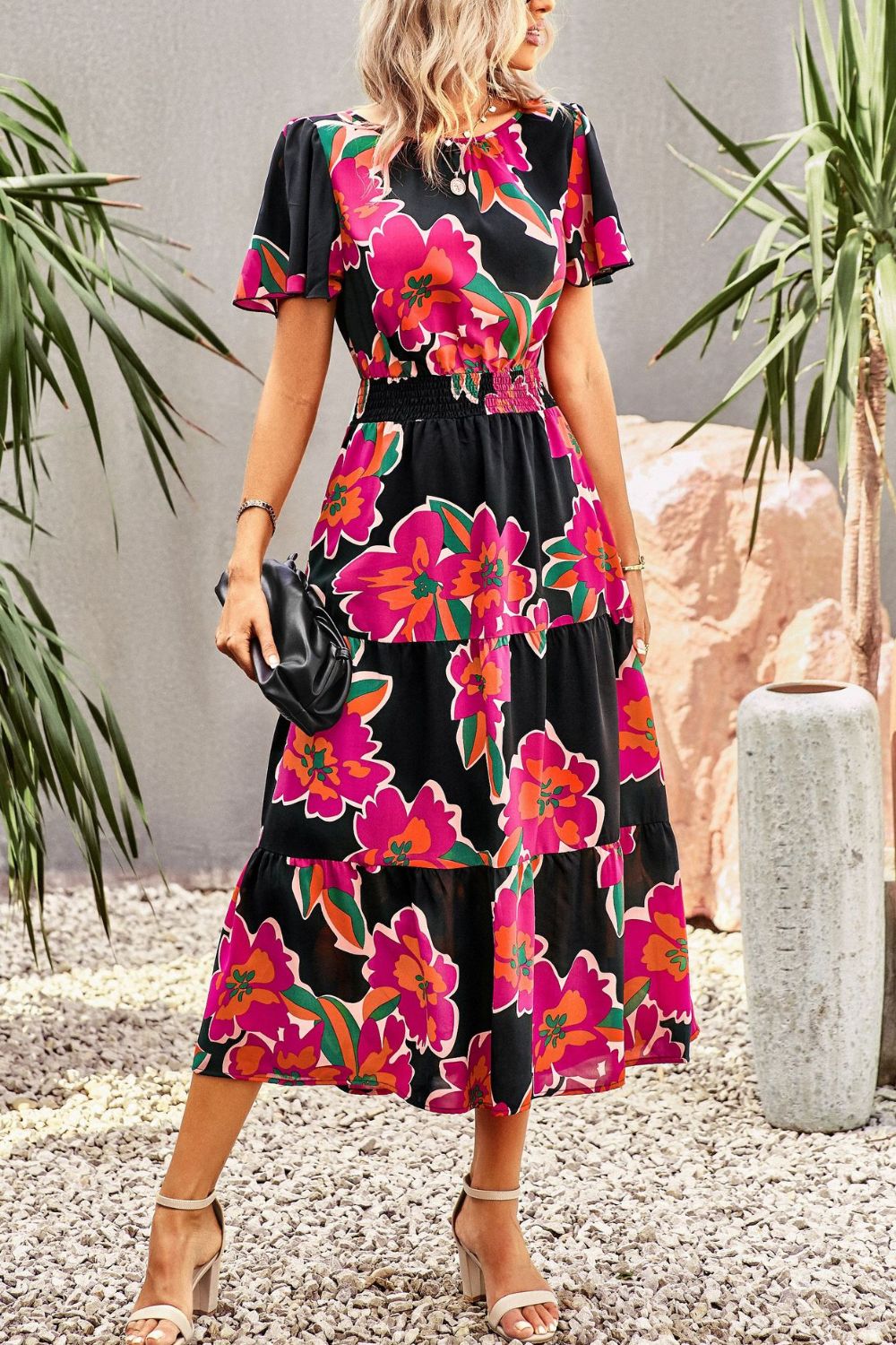 Floral Puff Sleeve Tiered Midi Dress - SHIRLYN.CO