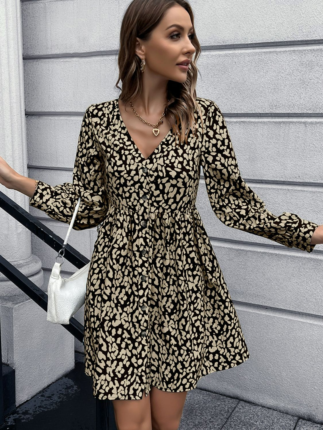 Animal Print Buttoned V-Neck Long Sleeve Dress - SHIRLYN.CO