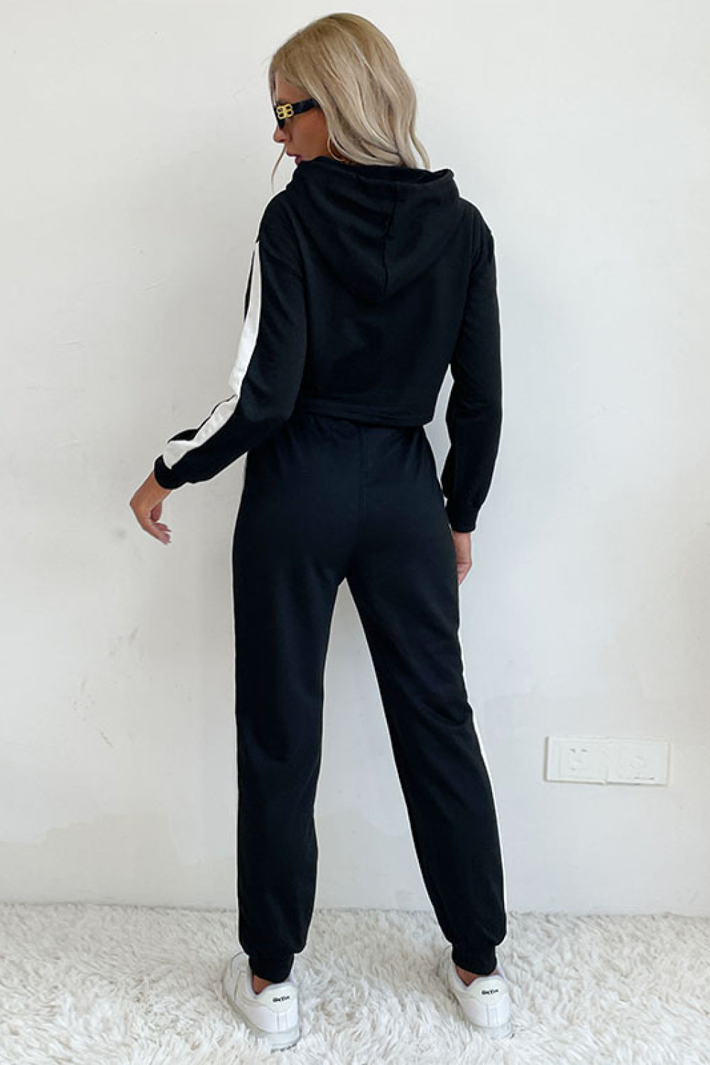 Side Stripe Cropped Hoodie and Jogger Set - SHIRLYN.CO