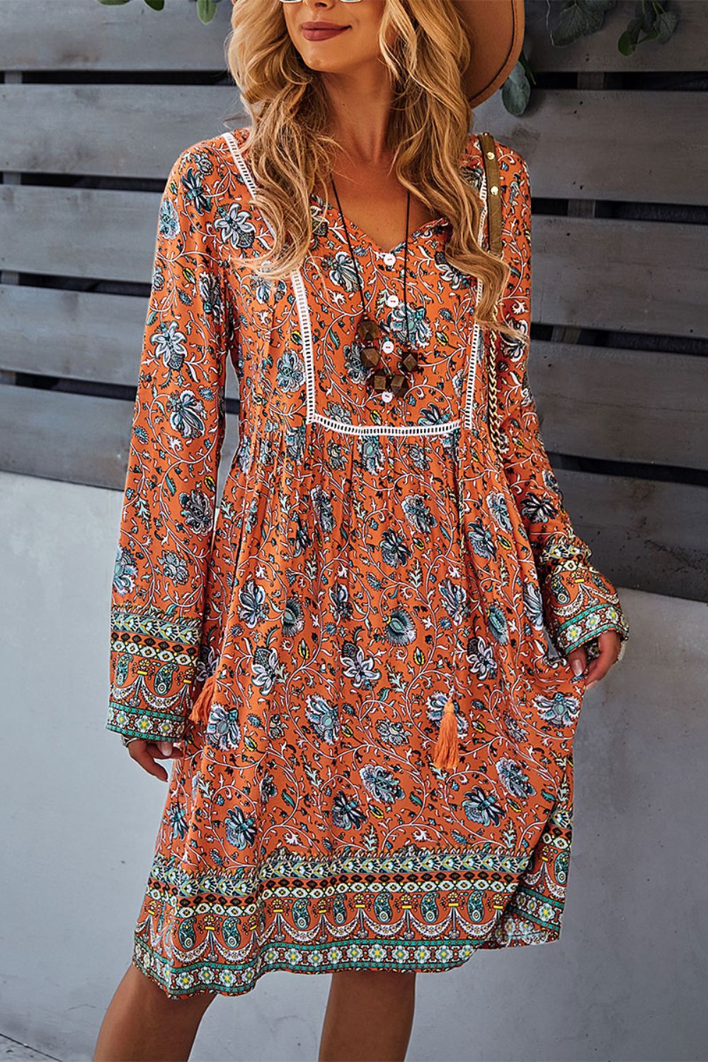 Bohemian Print V-Neck Knee Length Dress - SHIRLYN.CO