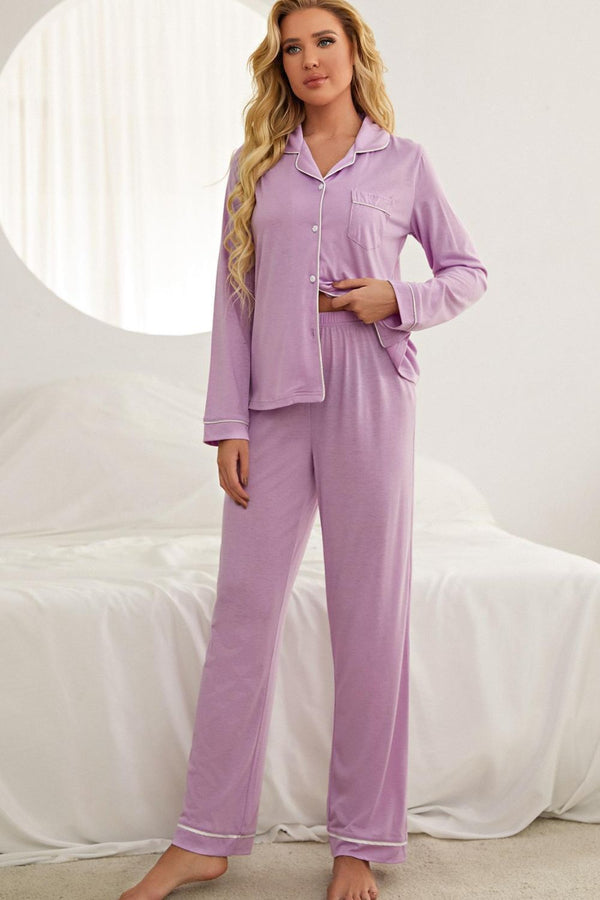 Contrast Piping Button Down Top and Pants Loungewear Set - SHIRLYN.CO