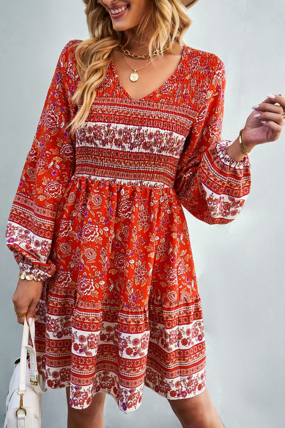 Bohemian V-Neck Balloon Sleeve Dress - SHIRLYN.CO