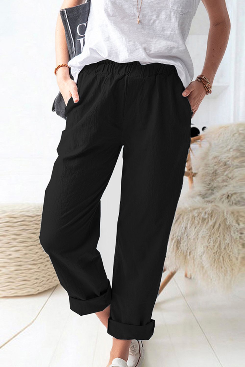 Paperbag Waist Pull-On Pants with Pockets - SHIRLYN.CO