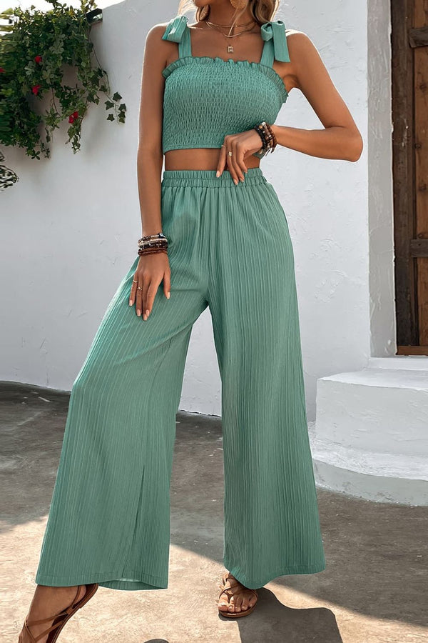 Tie Shoulder Smocked Crop Top and Wide Leg Pants Set - SHIRLYN.CO