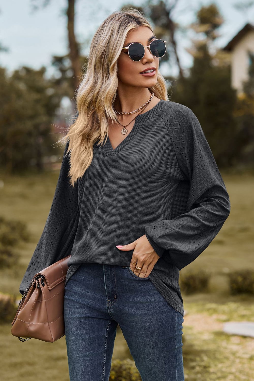 Notched Neck Raglan Sleeve Blouse