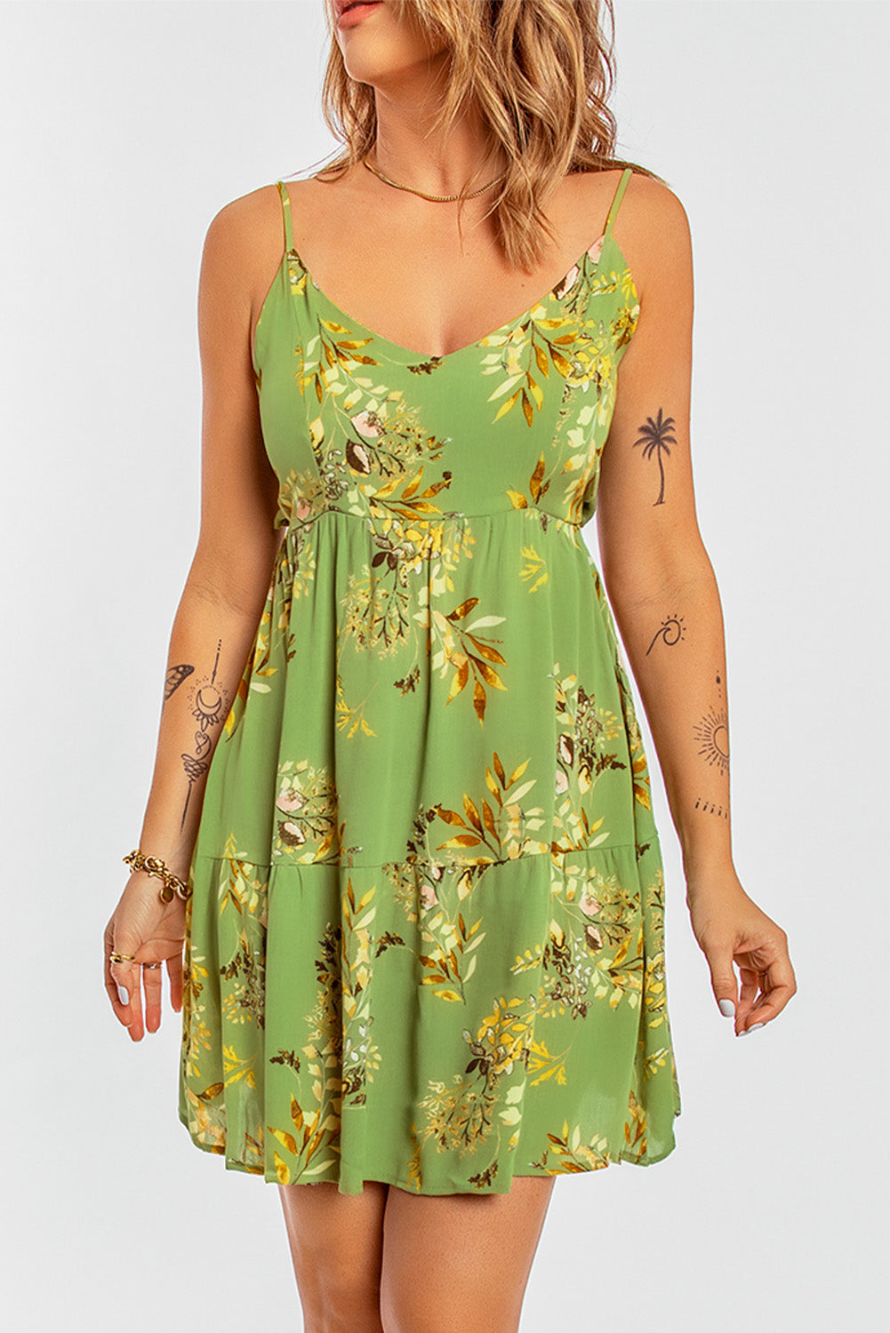 Botanical Print Backless Tied Spaghetti Strap Dress - SHIRLYN.CO