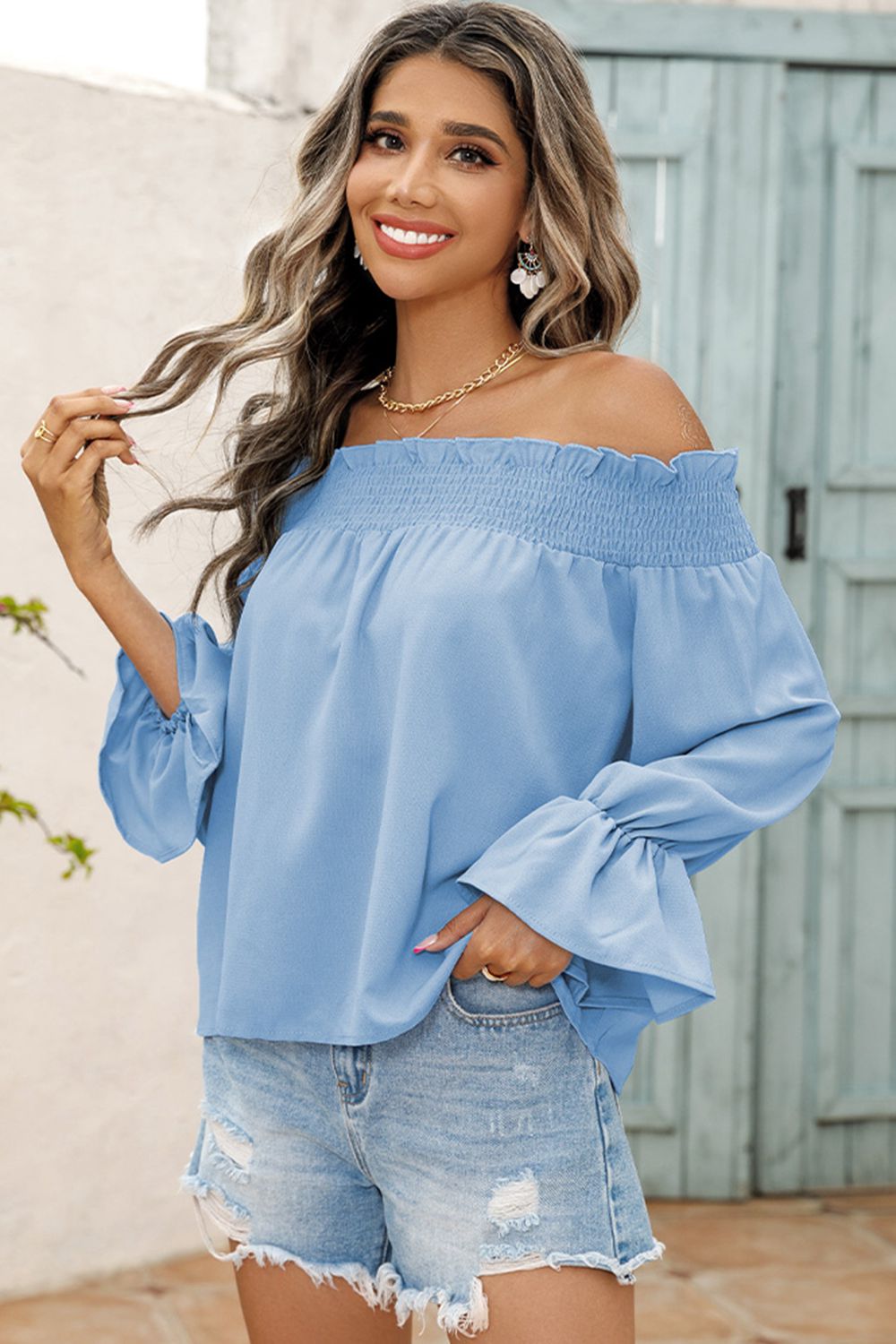 Off-Shoulder Flare Sleeve Smocked Neck Blouse - SHIRLYN.CO