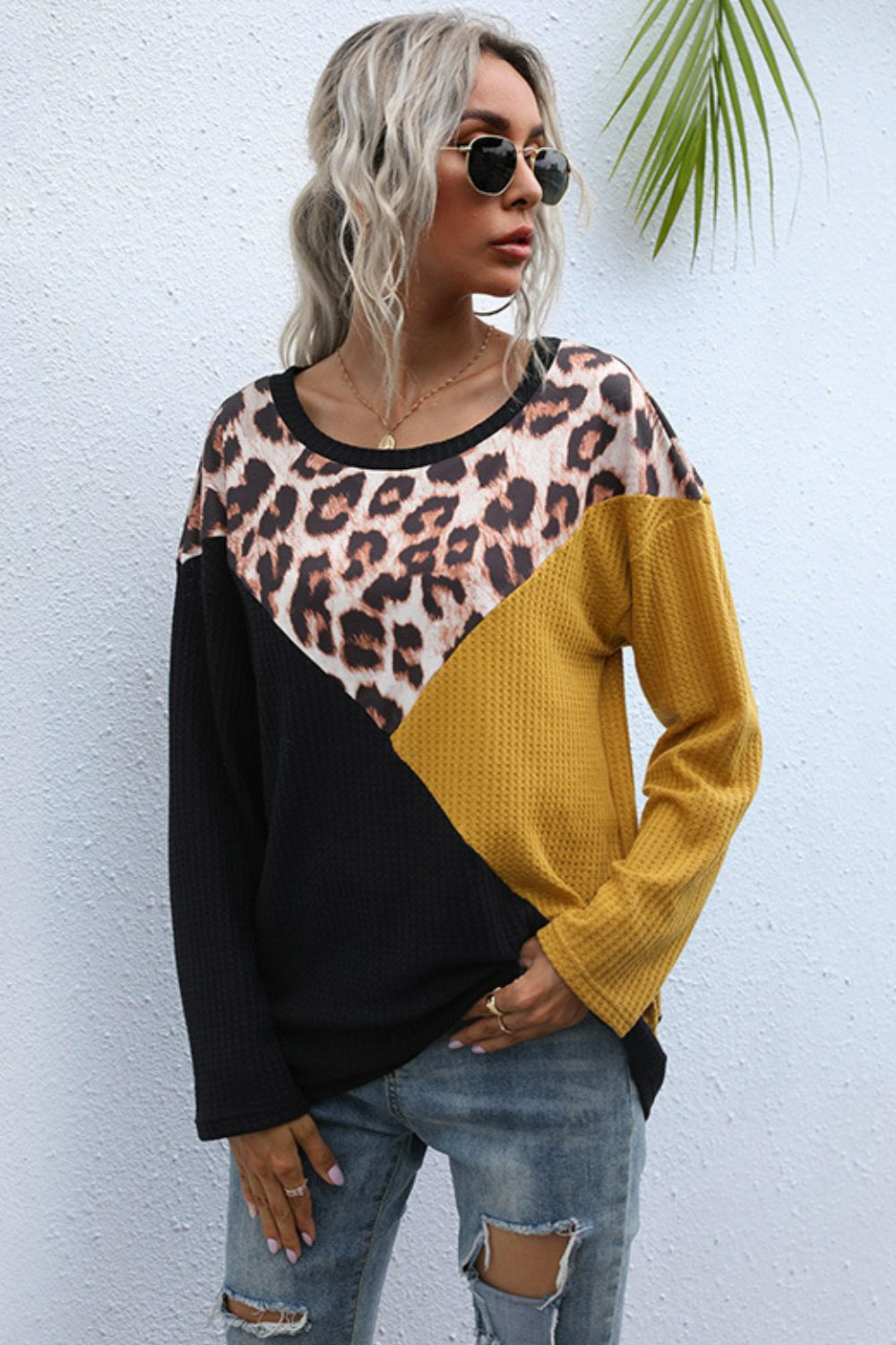 Leopard Color Block Waffle-Knit Top - SHIRLYN.CO