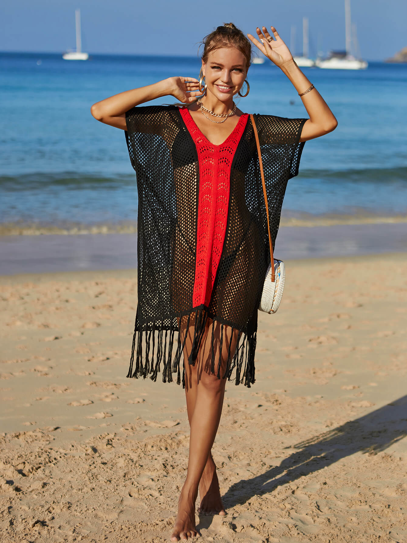 Contrast Fringe Trim Openwork Cover-Up Dress - SHIRLYN.CO