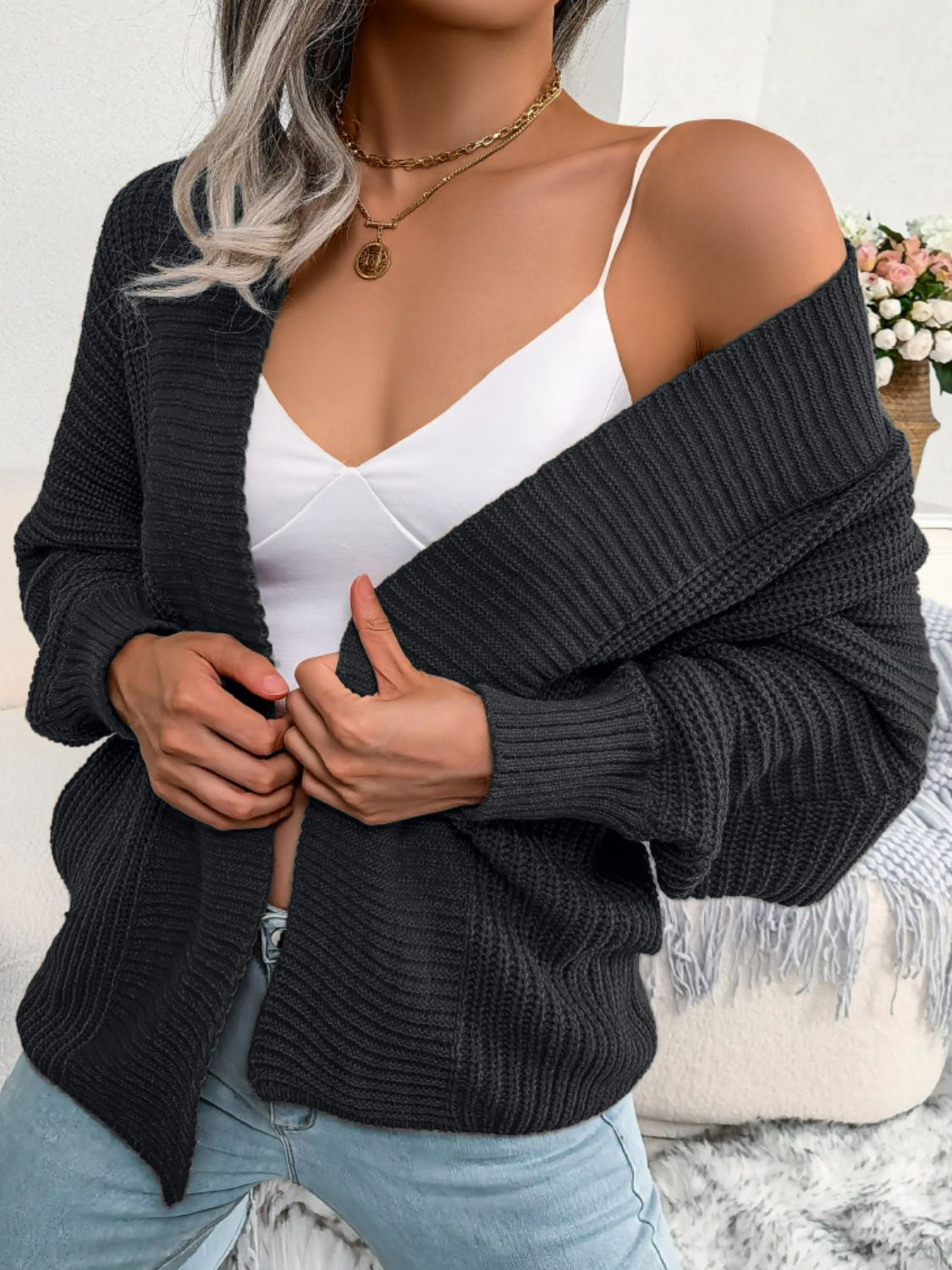 Rib-Knit Open Front Dolman Sleeve Cardigan - SHIRLYN.CO