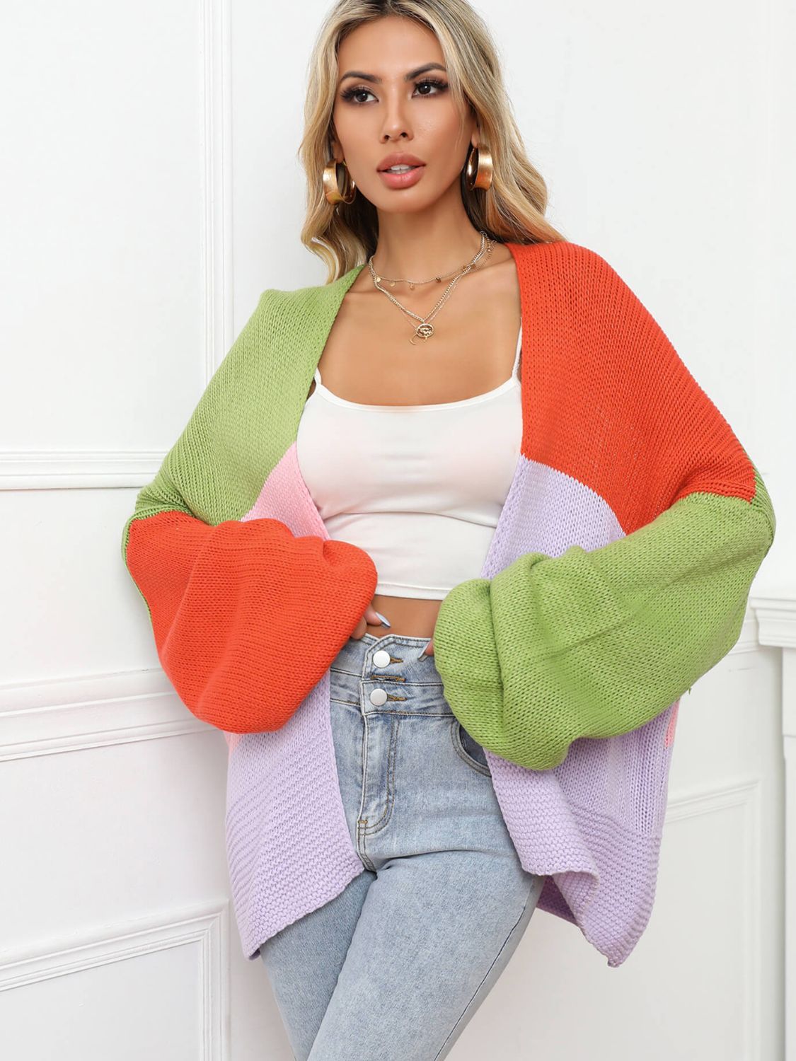 Color Block Open Front Balloon Sleeve Longline Cardigan - SHIRLYN.CO