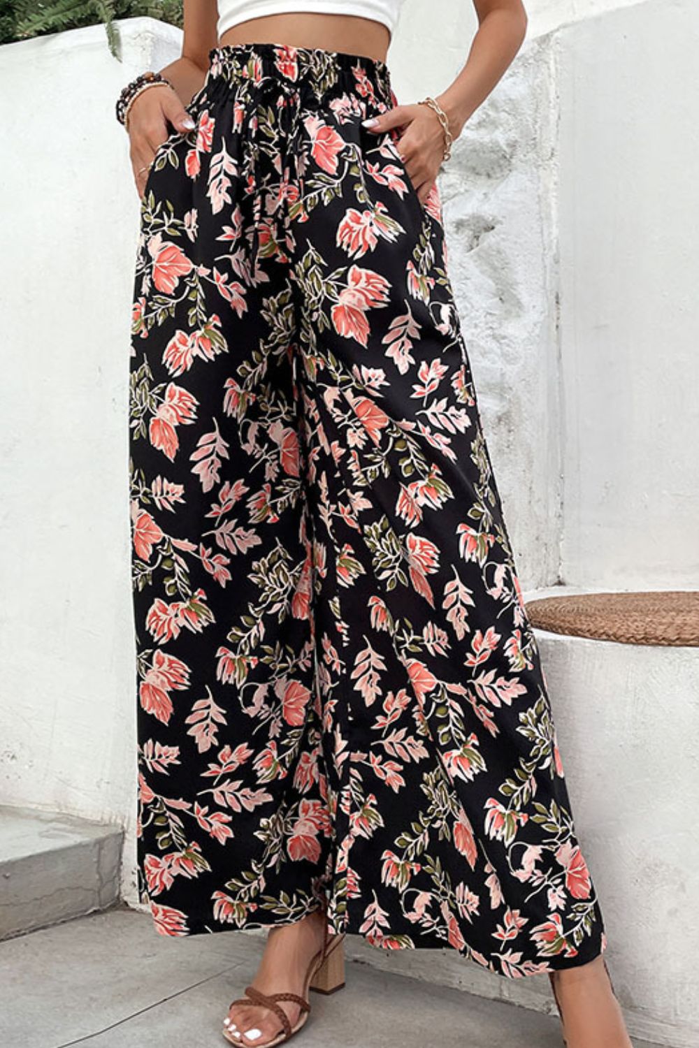 Floral Pull-On Wide Leg Pants - SHIRLYN.CO