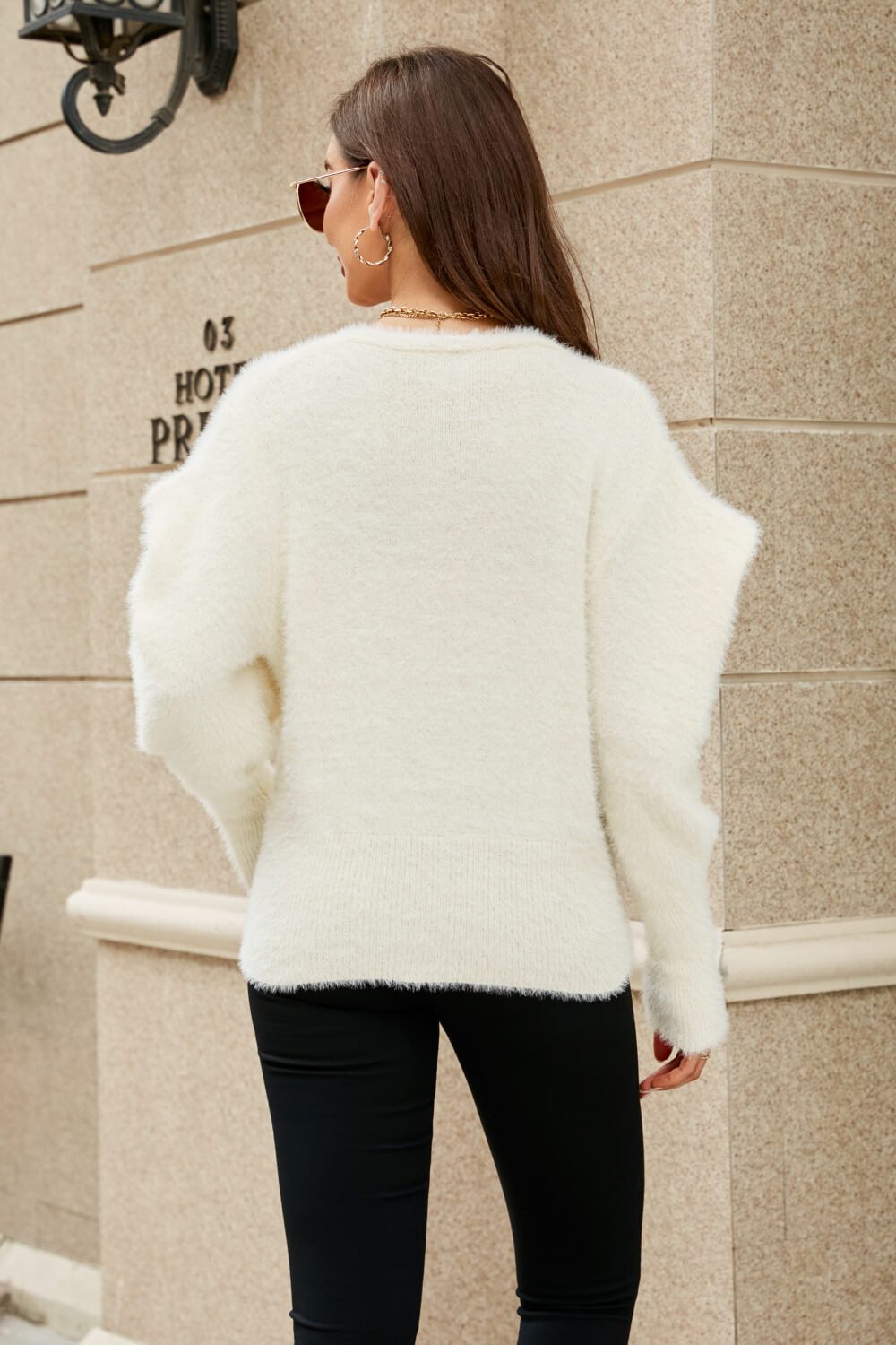 Puff Sleeve V-Neck Fuzzy Cardigan - SHIRLYN.CO