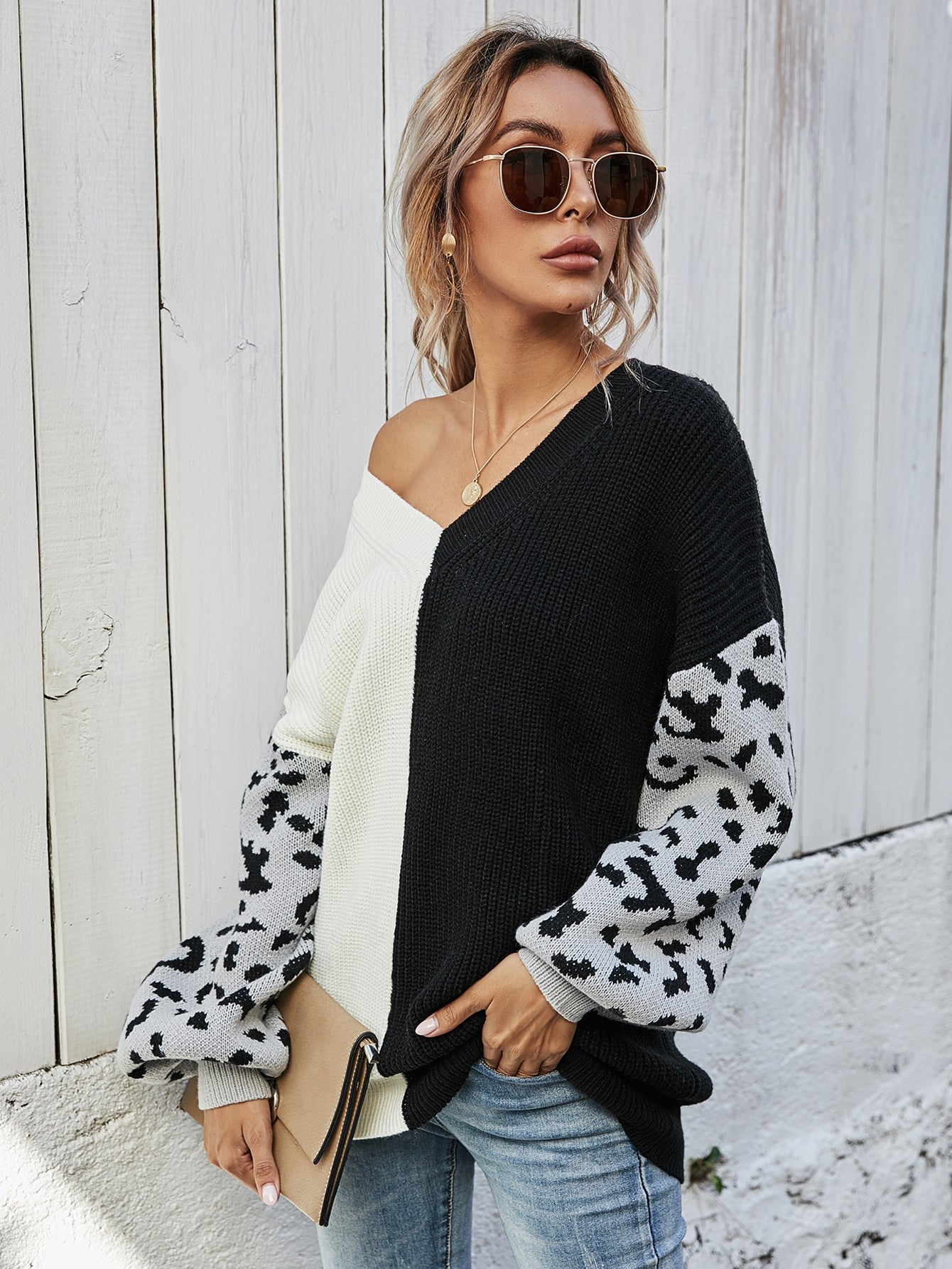 Leopard Color Block V-Neck Tunic Pullover Sweater