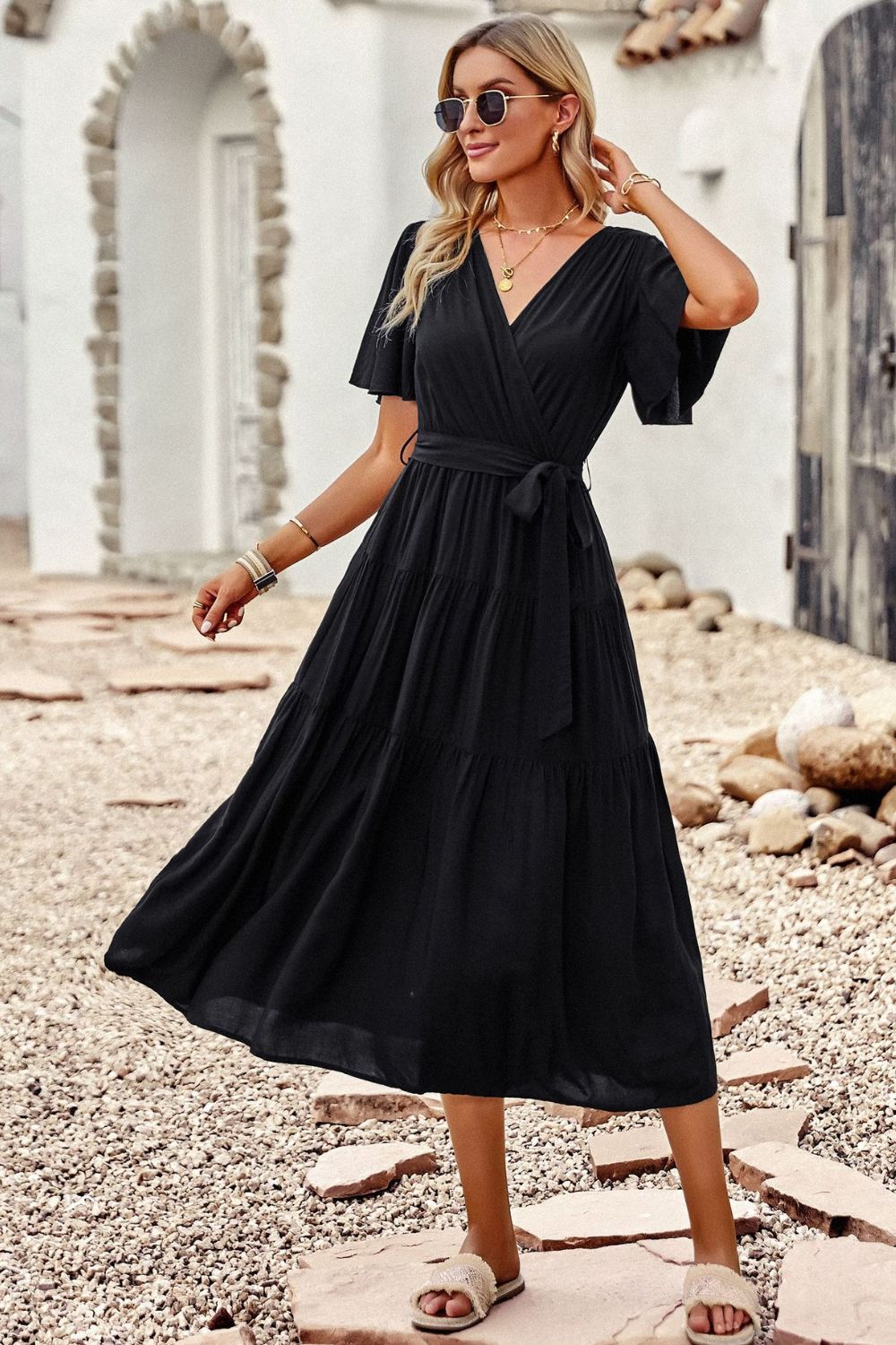 Belted Flutter Sleeve Tiered Surplice Dress - SHIRLYN.CO