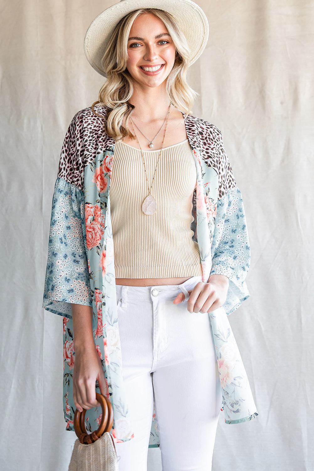 Animal Print Floral Three-Quarter Sleeve Cardigan - SHIRLYN.CO