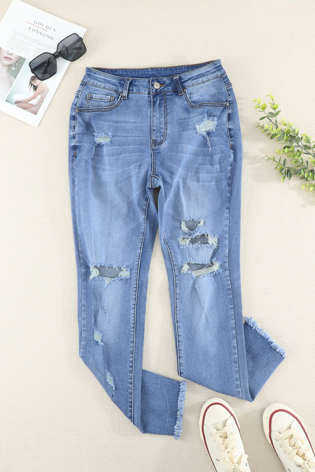 High Waist Frayed Hem Distressed Skinny Jeans - SHIRLYN.CO