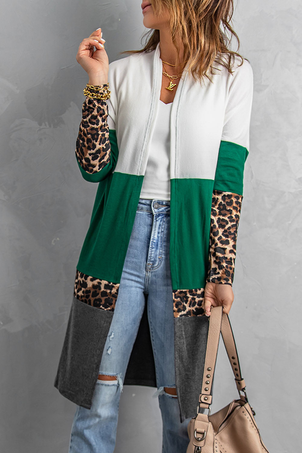 Leopard Color Block Open Front Longline Cardigan - SHIRLYN.CO