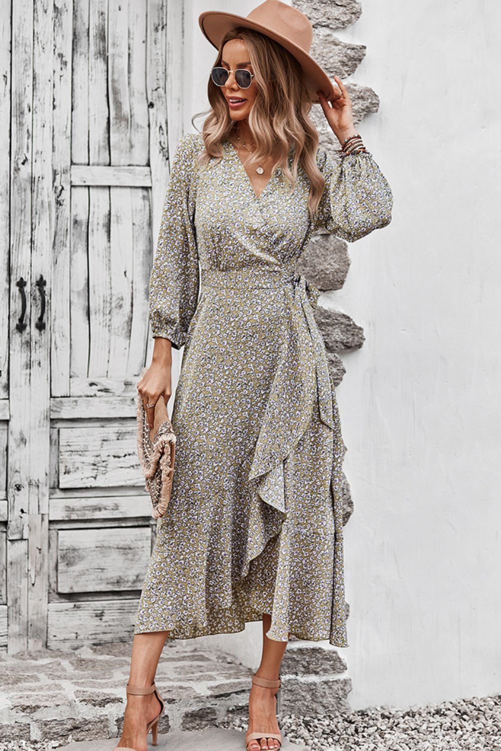 Floral Surplice Neck Long Sleeve Dress - SHIRLYN.CO