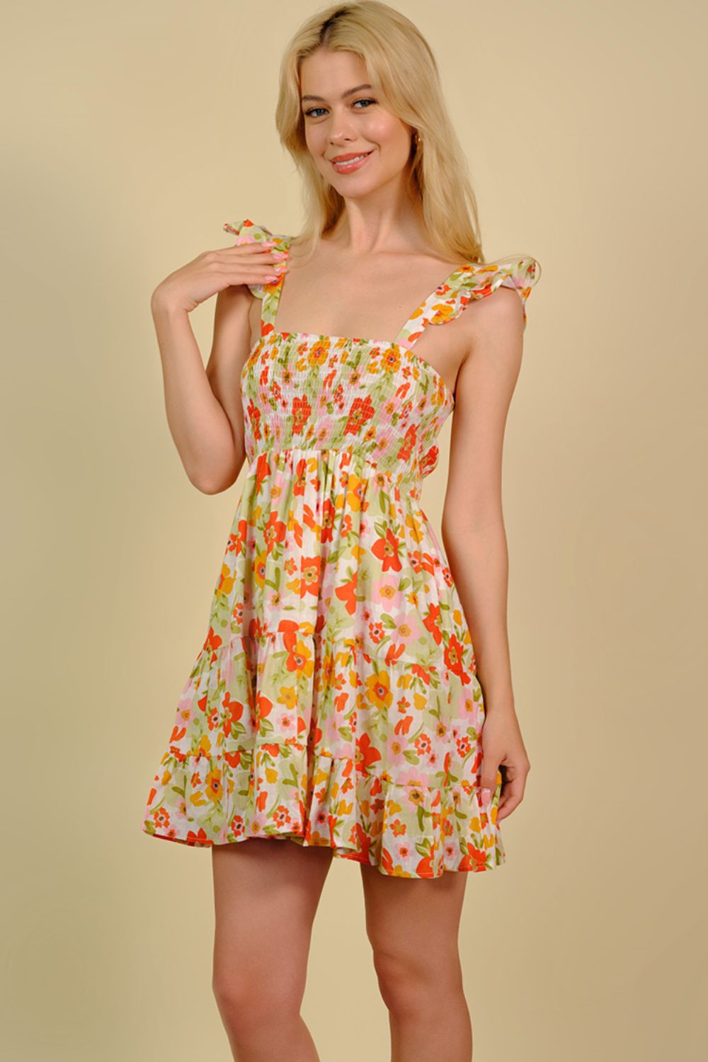 Floral Smocked Square Neck Mini Dress - SHIRLYN.CO