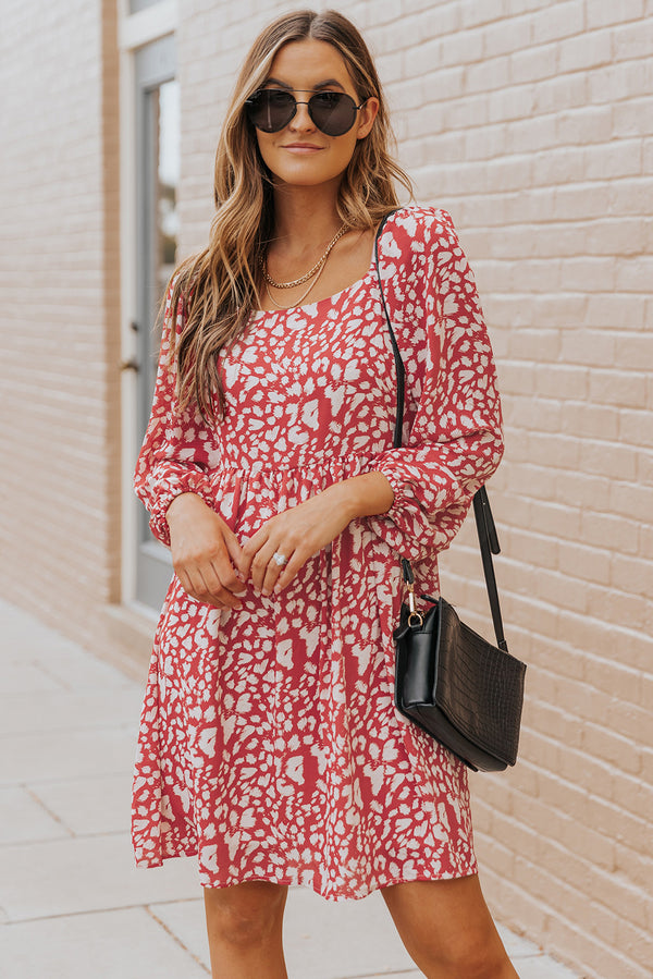 Animal Print Square Neck Balloon Sleeve Dress - SHIRLYN.CO