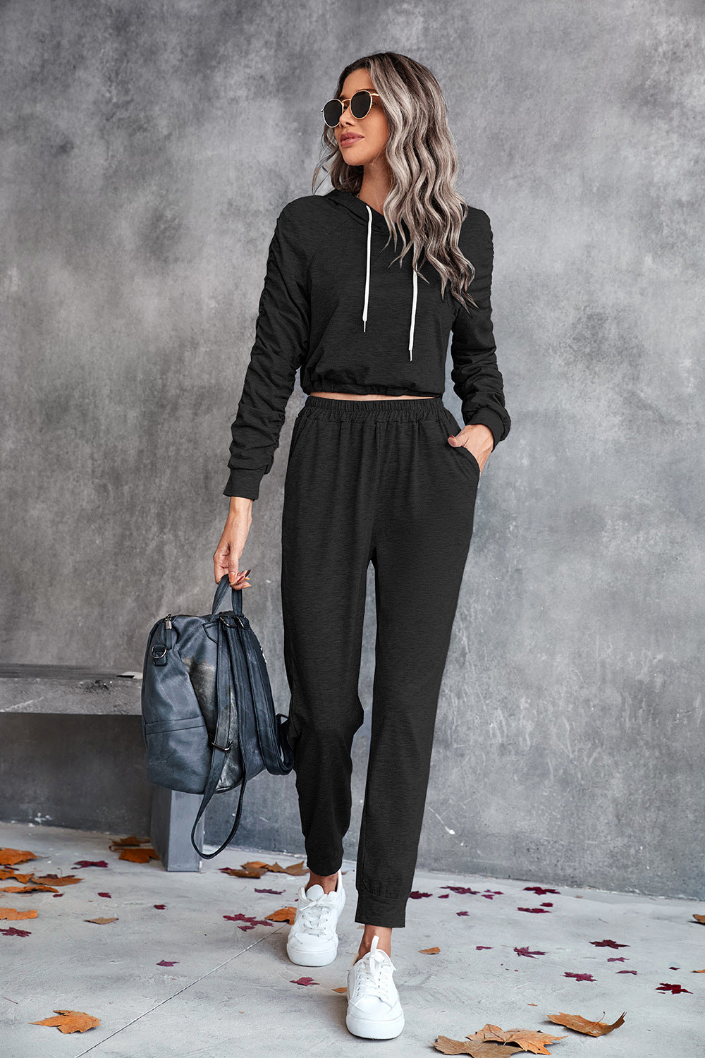 Ruched Raglan Sleeve Hoodie and Joggers Set - SHIRLYN.CO