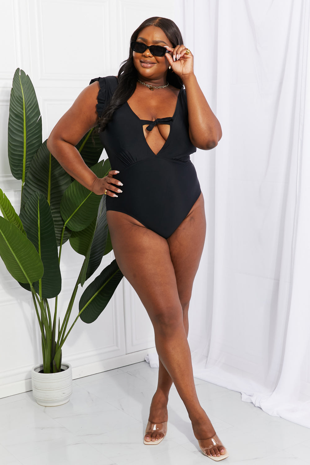 Marina West Swim Seashell Ruffle Sleeve One-Piece in Black - SHIRLYN.CO