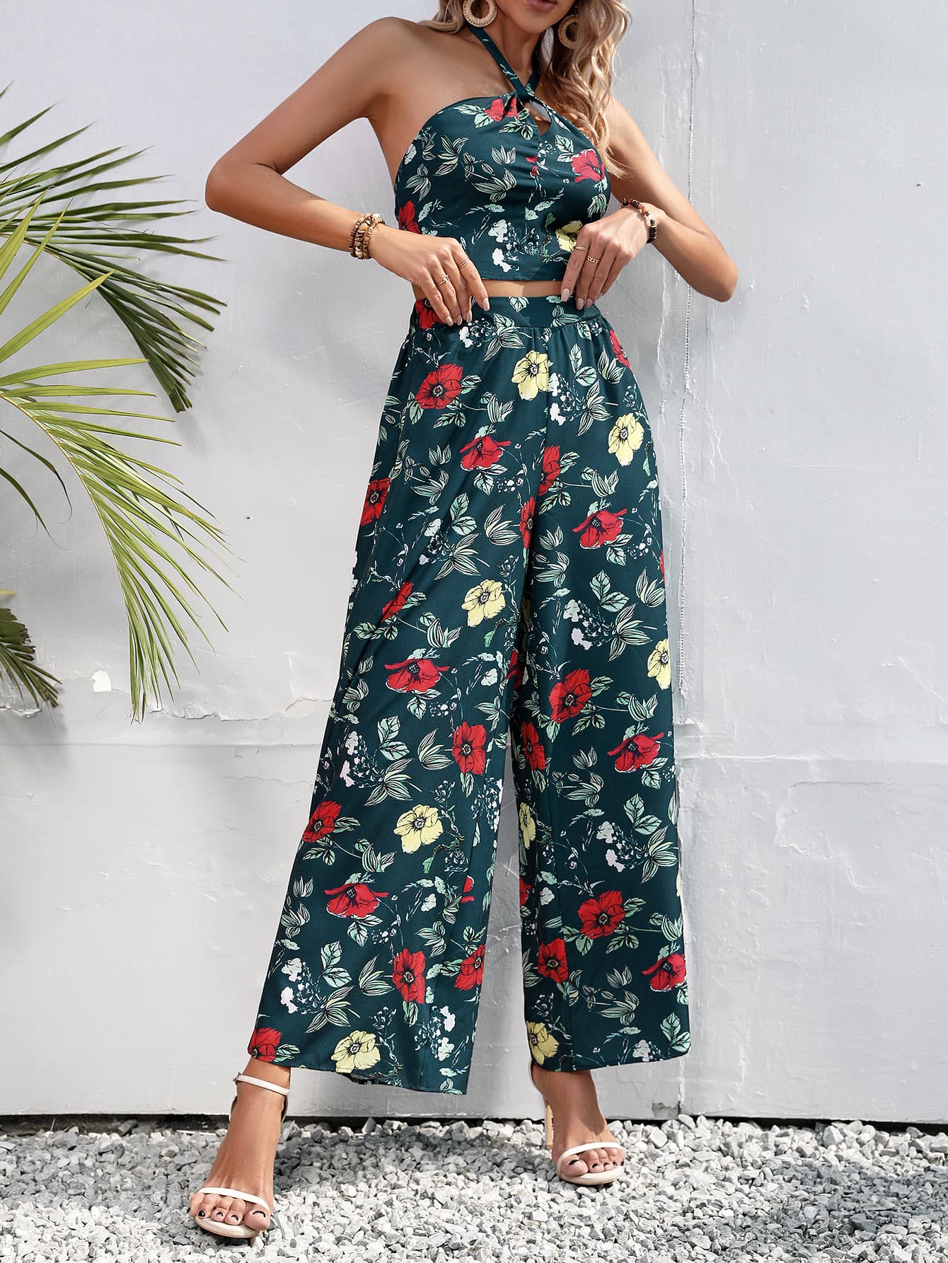 Floral Halter Neck Top and Wide Leg Pants Set - SHIRLYN.CO