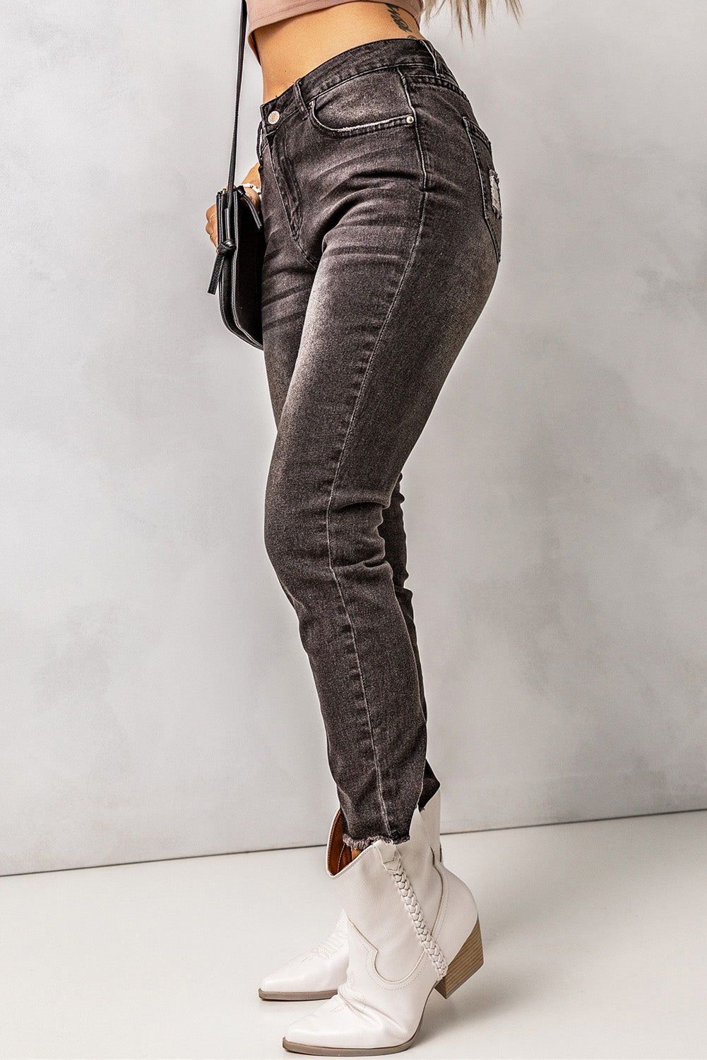 High Waist Raw Hem Skinny Jeans - SHIRLYN.CO