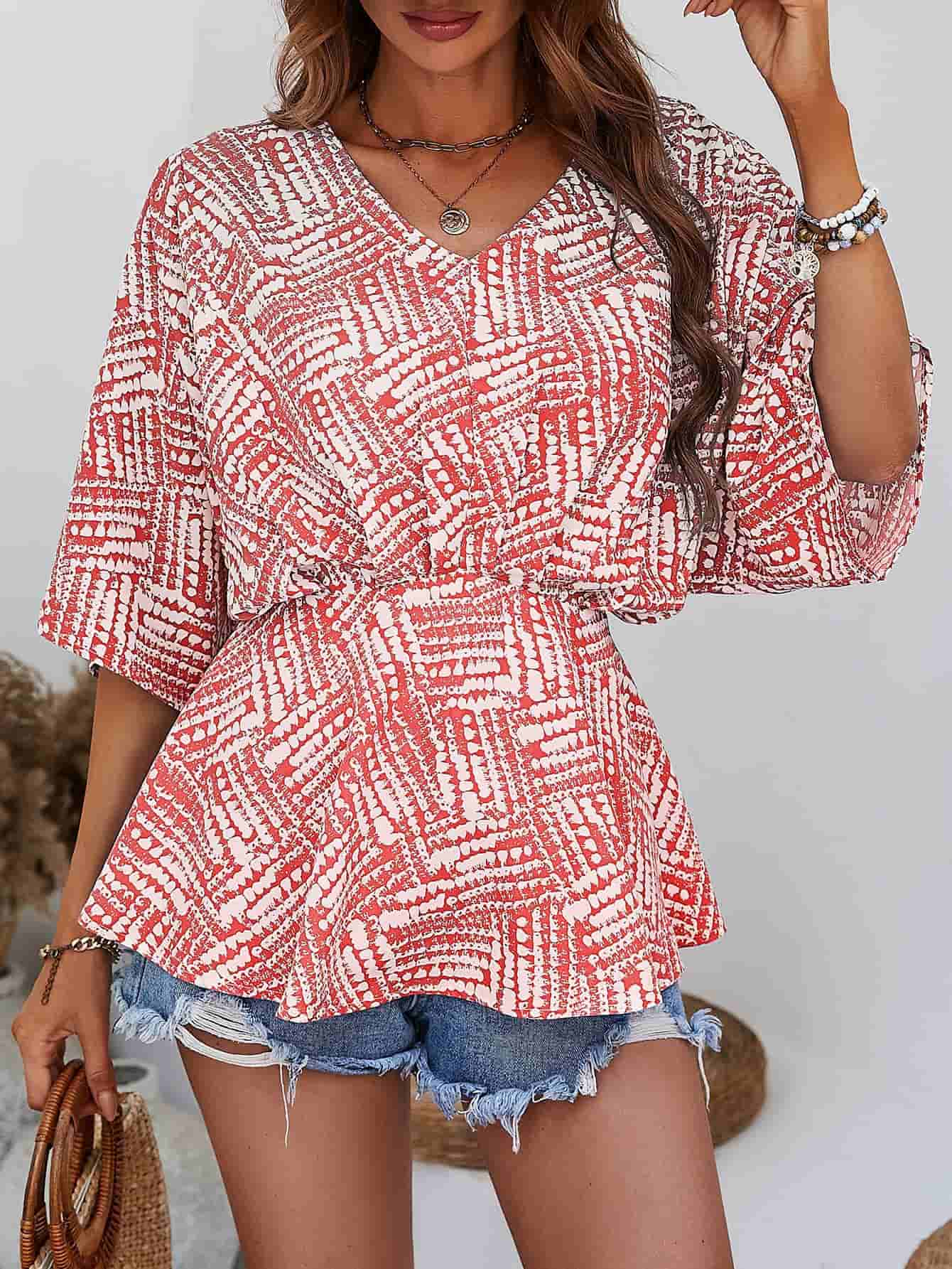 Printed V-Neck Dolman Sleeve Blouse - SHIRLYN.CO