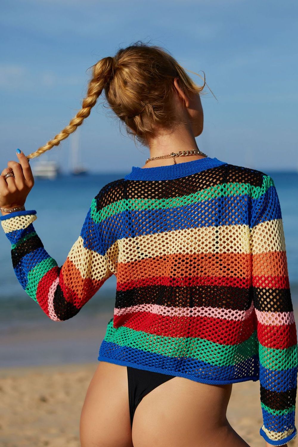 Rainbow Stripe Openwork Long Sleeve Cover-Up - SHIRLYN.CO