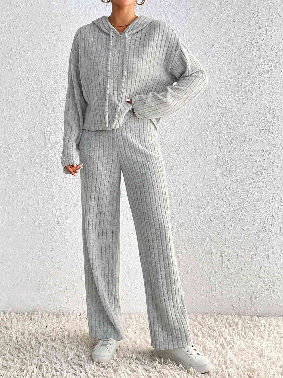 Drawstring Ribbed Hoodie and Straight Leg Pants Set