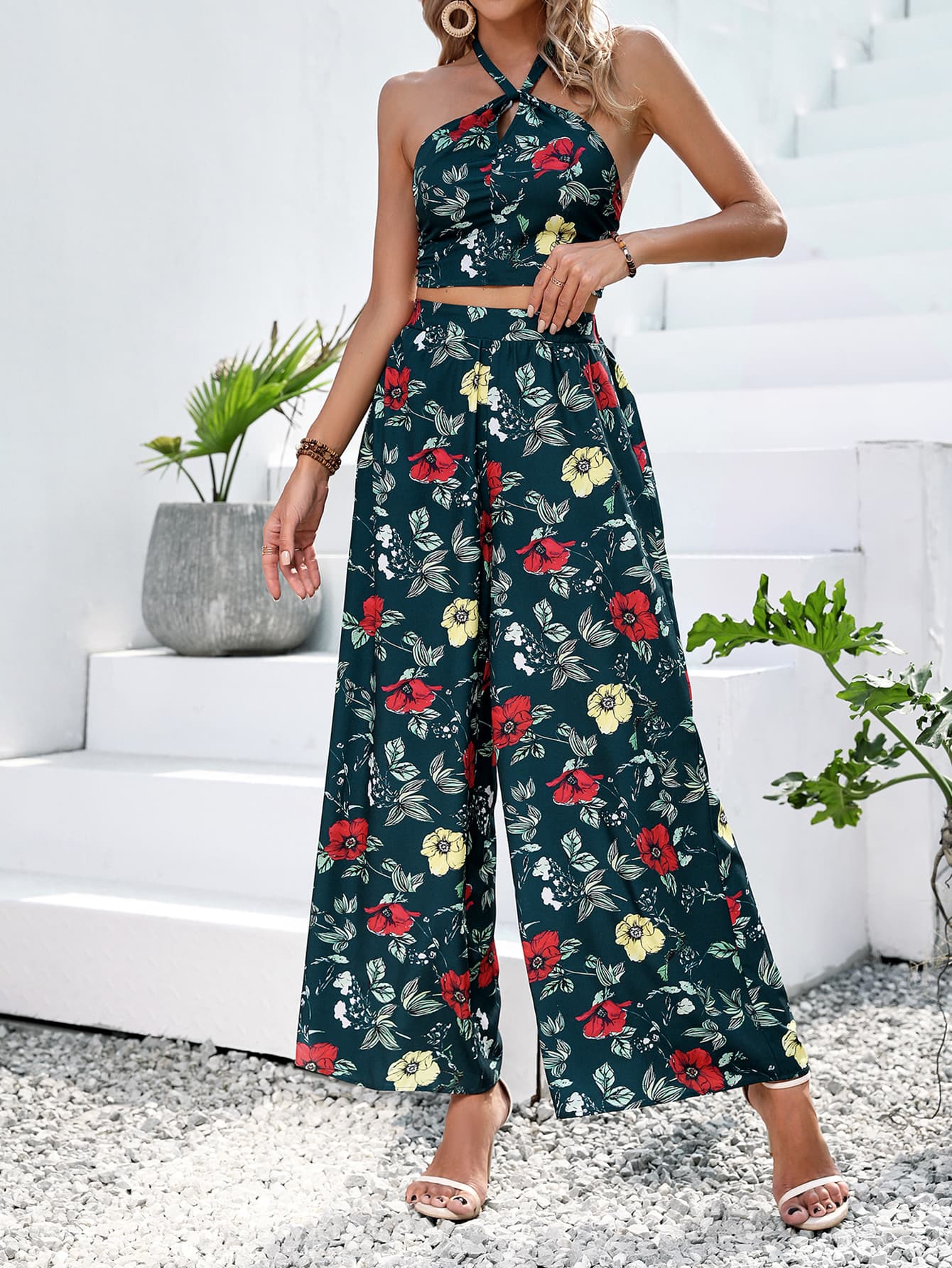 Floral Halter Neck Top and Wide Leg Pants Set - SHIRLYN.CO