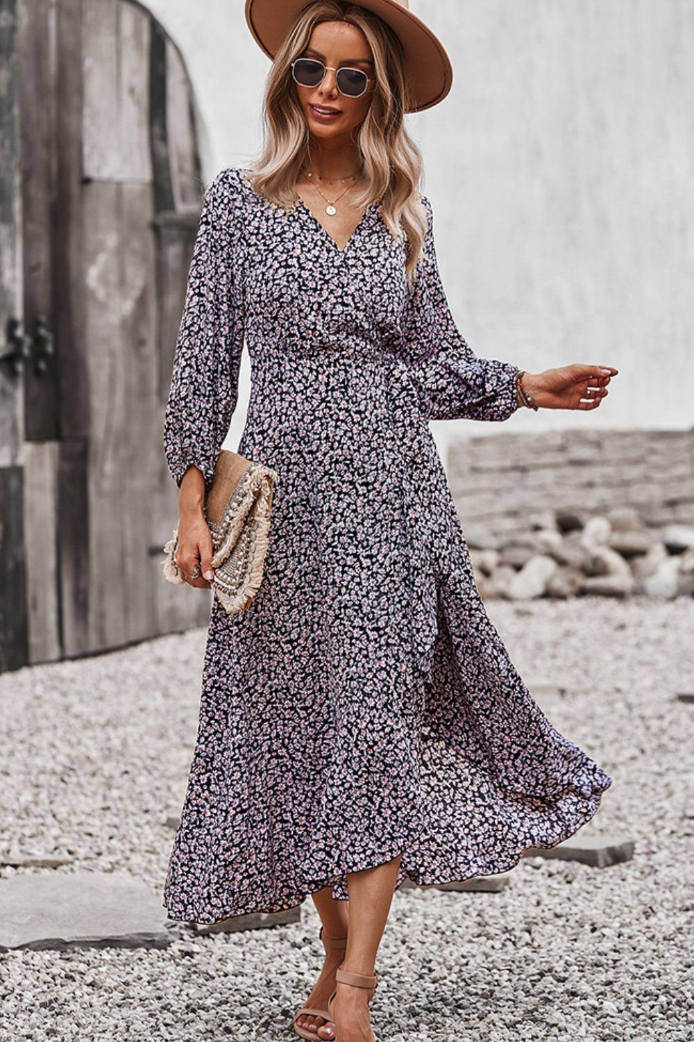 Floral Surplice Neck Long Sleeve Dress - SHIRLYN.CO