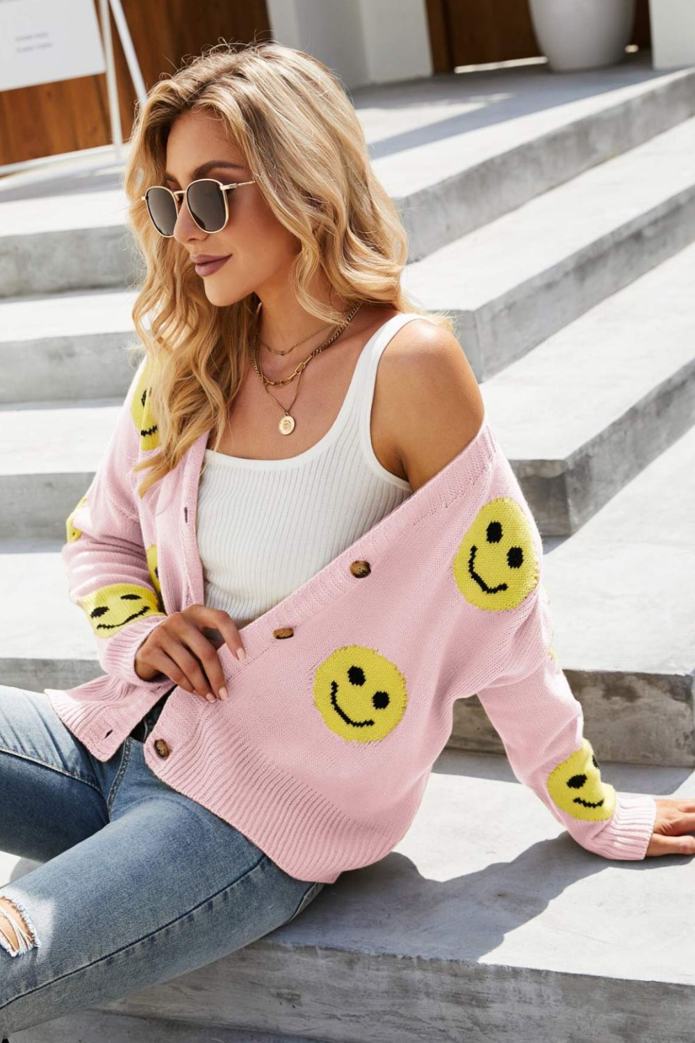 Smiley Face Ribbed Trim V-Neck Cardigan - SHIRLYN.CO