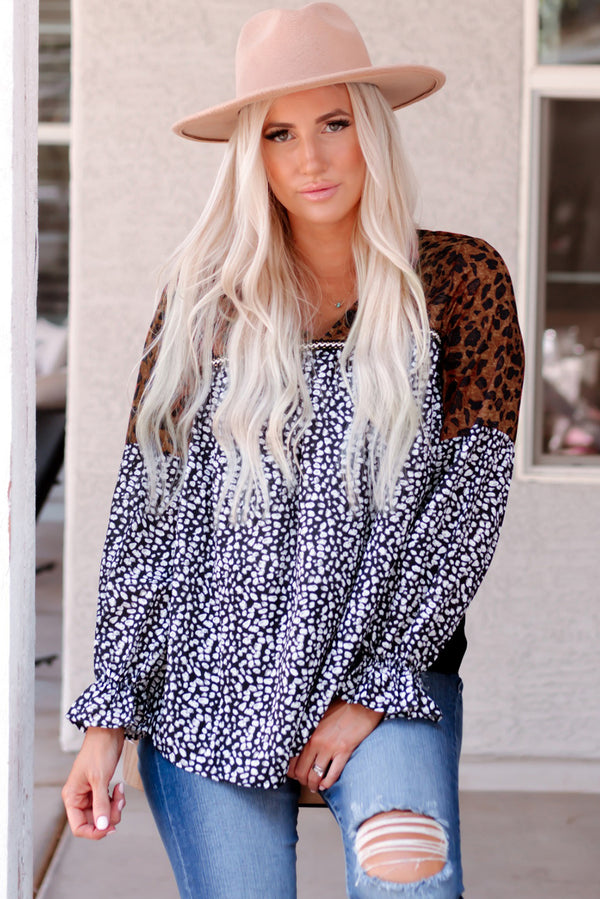 Animal Print Color Block  V-Neck Flounce Sleeve Blouse - SHIRLYN.CO