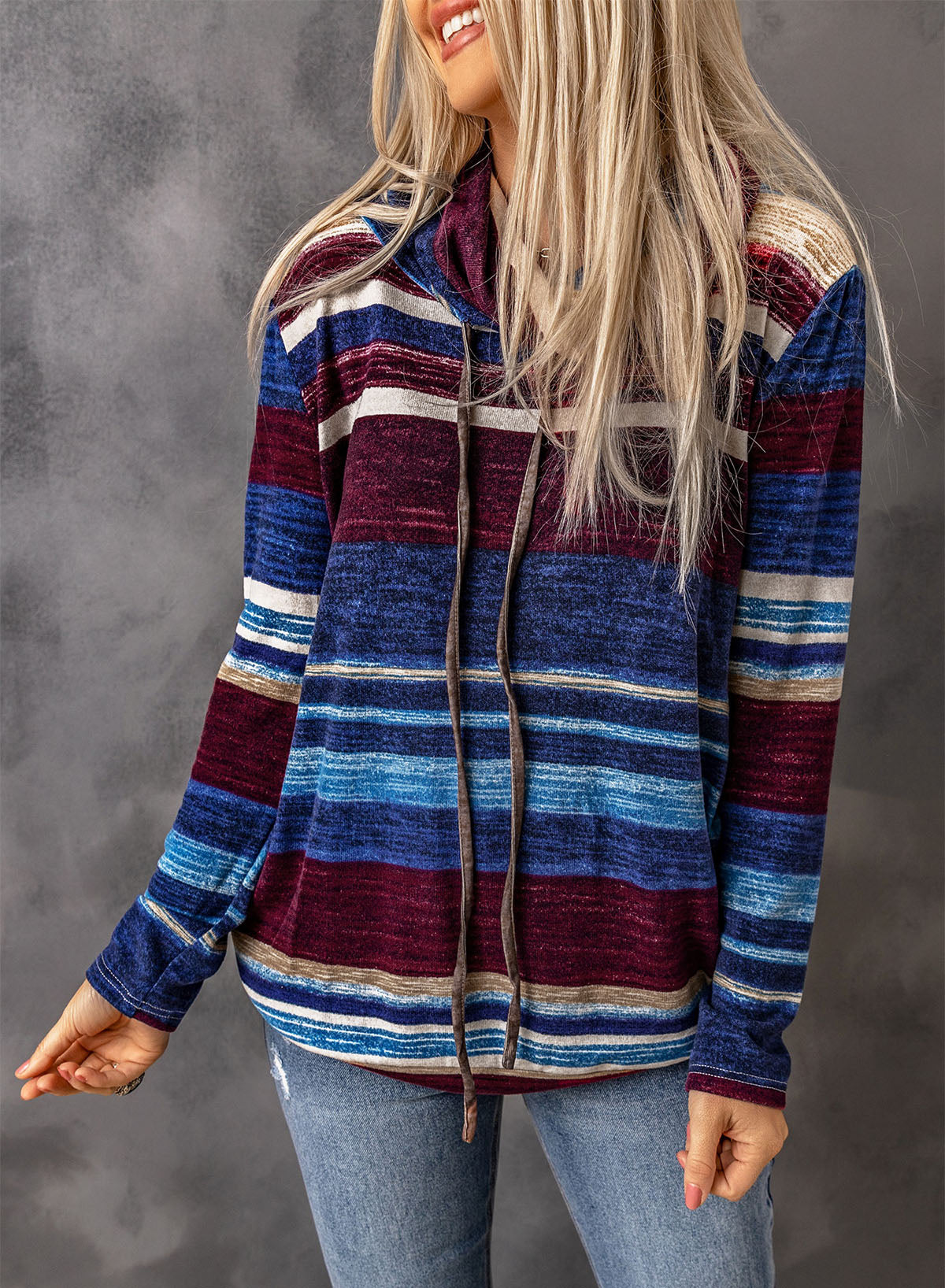 Striped Cowl Neck Tunic Sweatshirt - SHIRLYN.CO