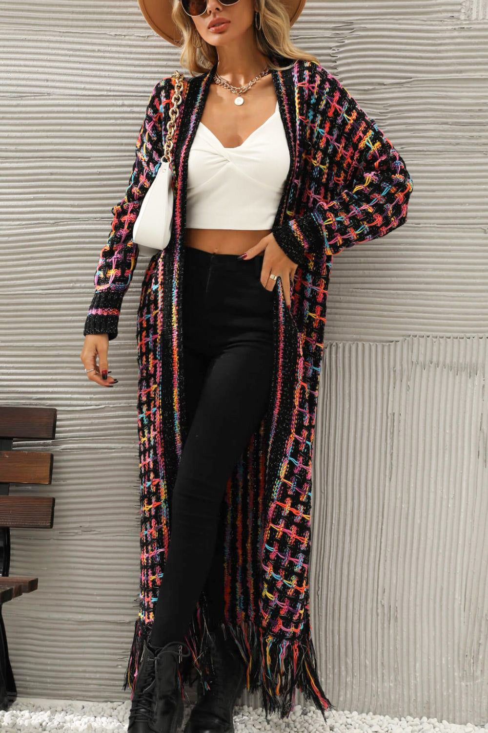 Multicolored Open Front Fringe Hem Cardigan - SHIRLYN.CO