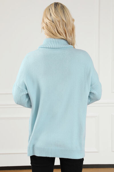 Pocketed Turtleneck Dropped Shoulder Sweater