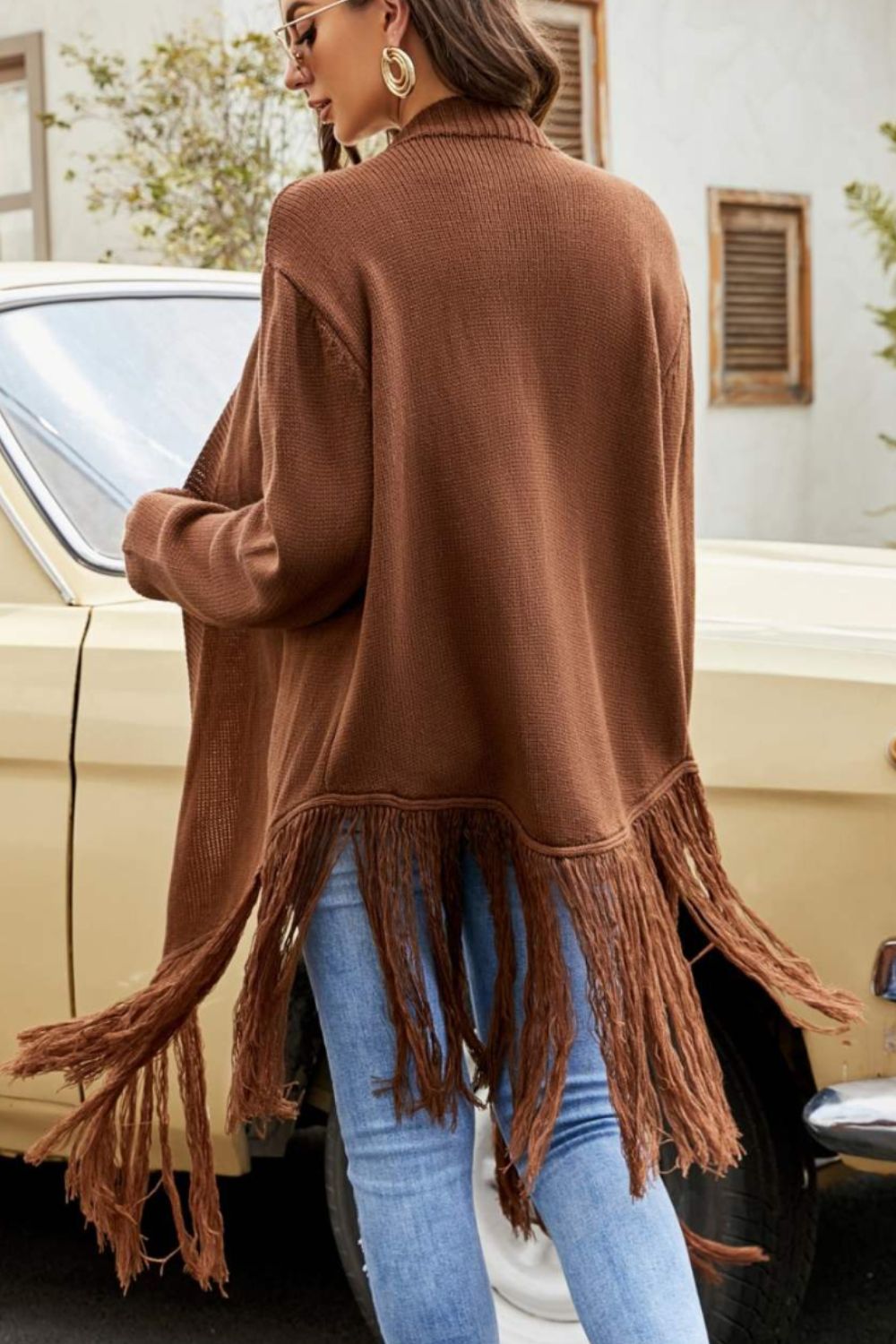 Fringe Hem Open Front Ribbed Trim Cardigan - SHIRLYN.CO