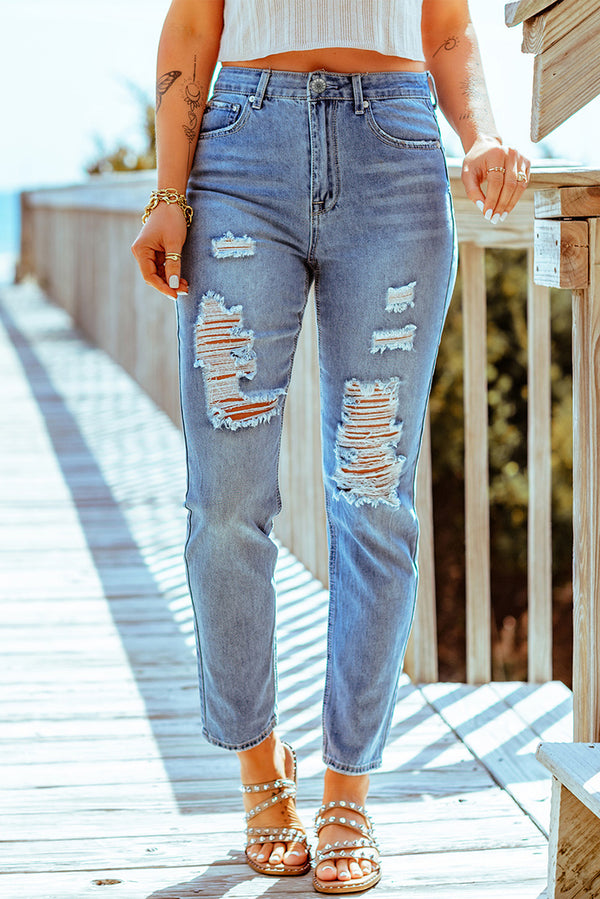 Distressed Ankle-Length Straight Leg Jeans - SHIRLYN.CO