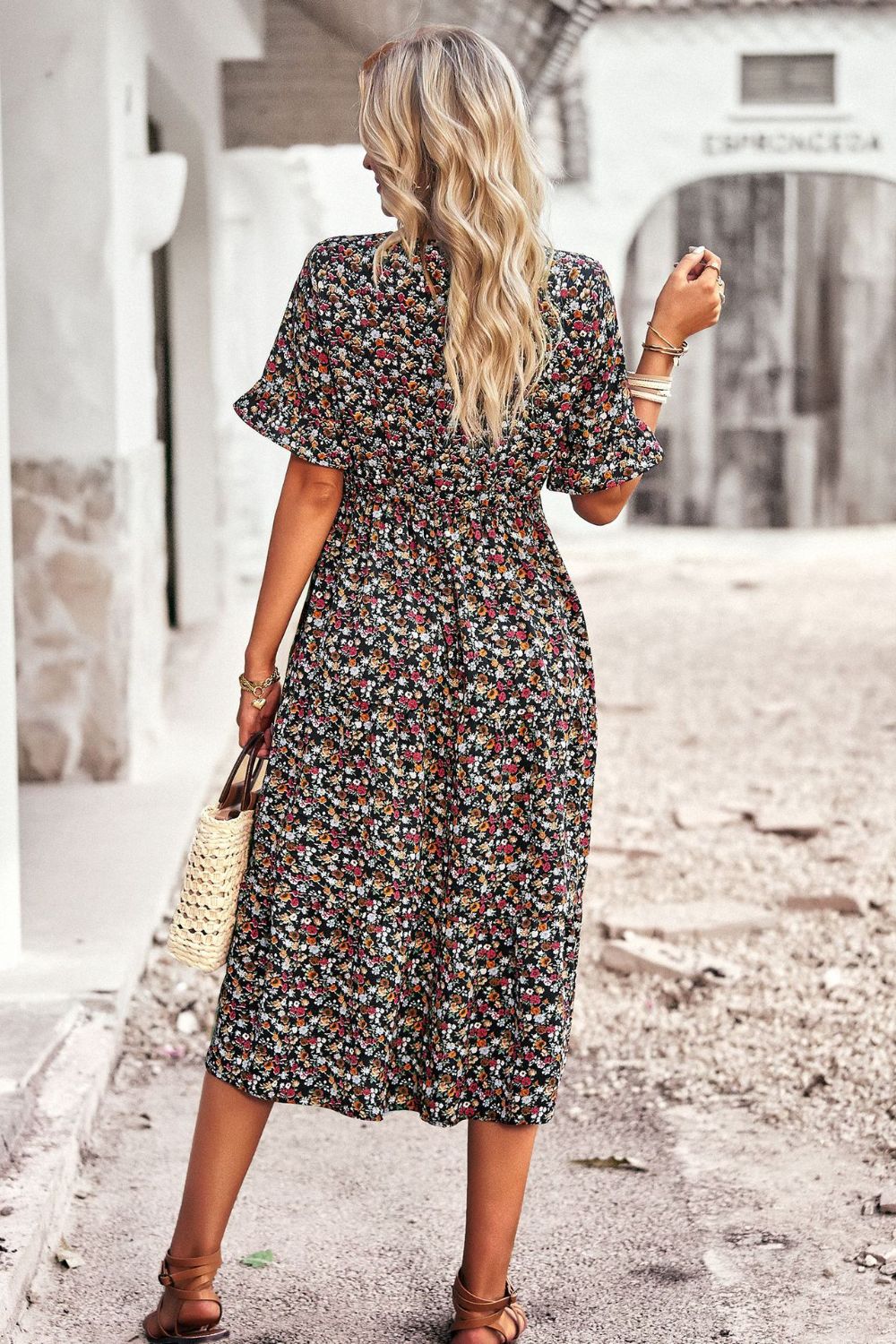 Floral V-Neck Flounce Sleeve Midi Dress - SHIRLYN.CO