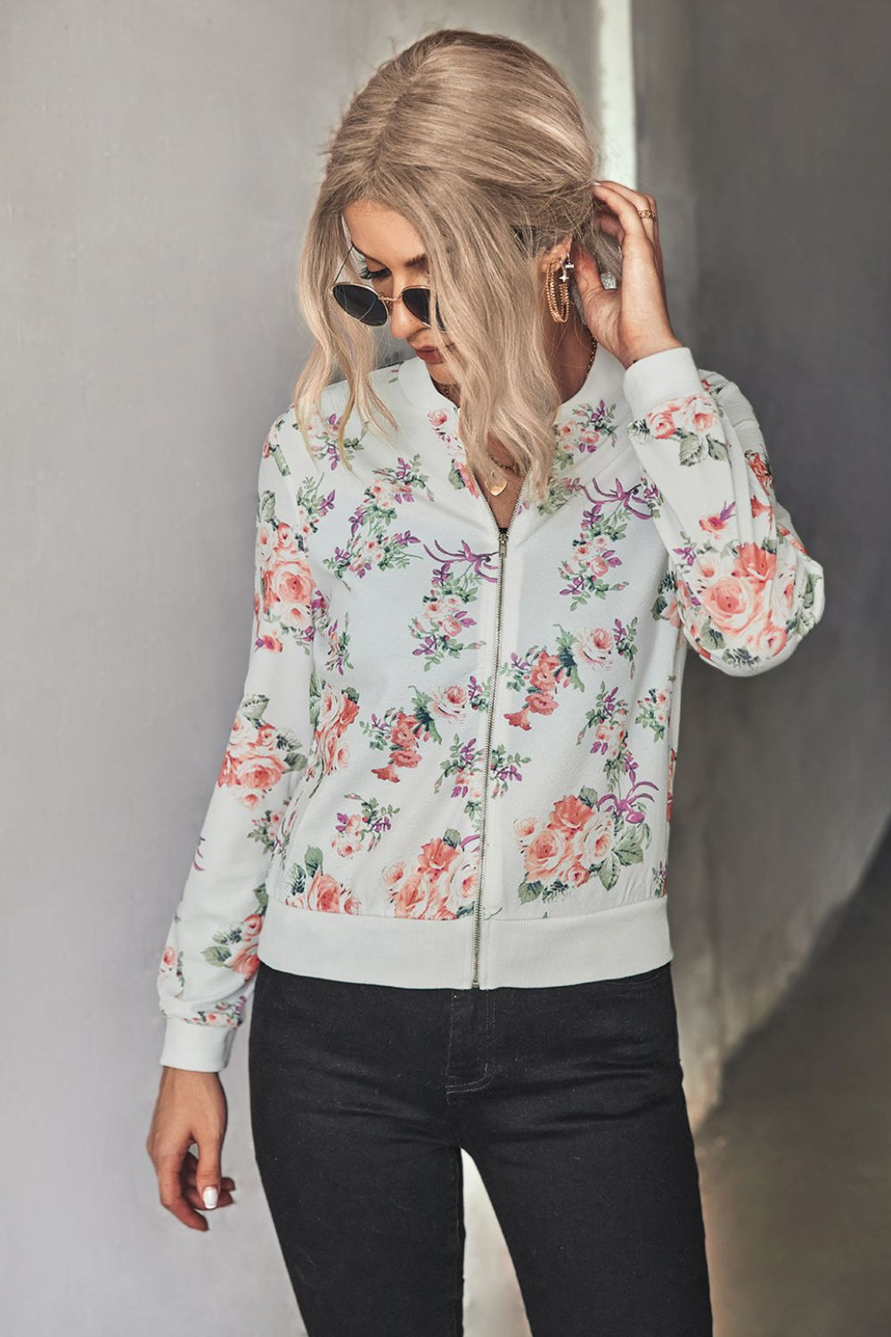 Floral Zip Up Ribbed Trim Bomber Jacket - SHIRLYN.CO