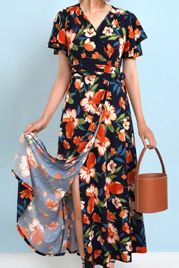 Plus Size Floral Surplice Neck Flutter Sleeve Dress - SHIRLYN.CO