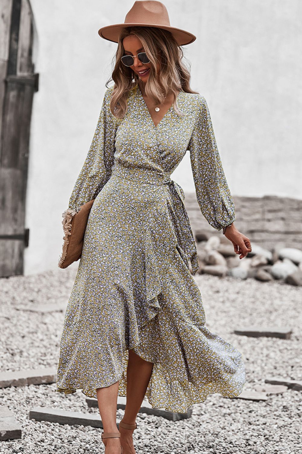 Floral Surplice Neck Long Sleeve Dress - SHIRLYN.CO