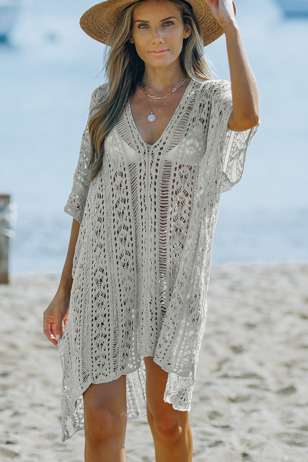 Openwork V-Neck Slit Cover Up - SHIRLYN.CO