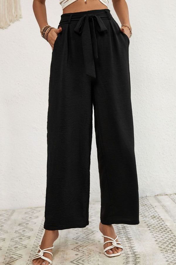 Belted Pleated Waist Wide Leg Pants - SHIRLYN.CO