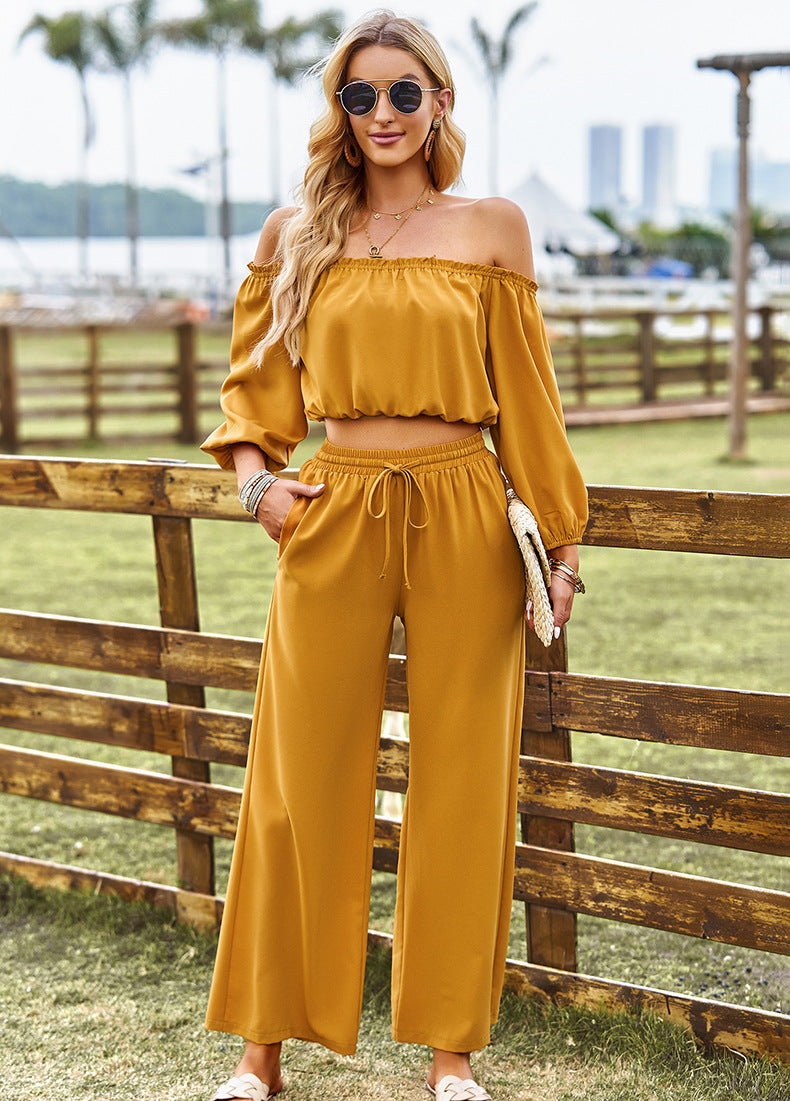 Off-Shoulder Blouse and Drawstring Waist Pants Set - SHIRLYN.CO