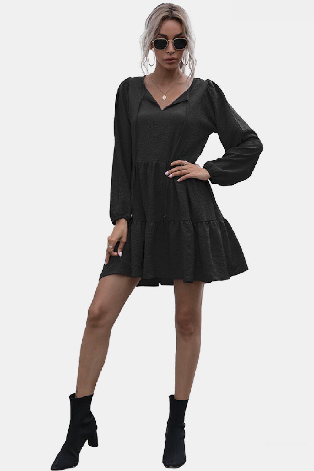 Tie Neck Ruffle Hem Dress